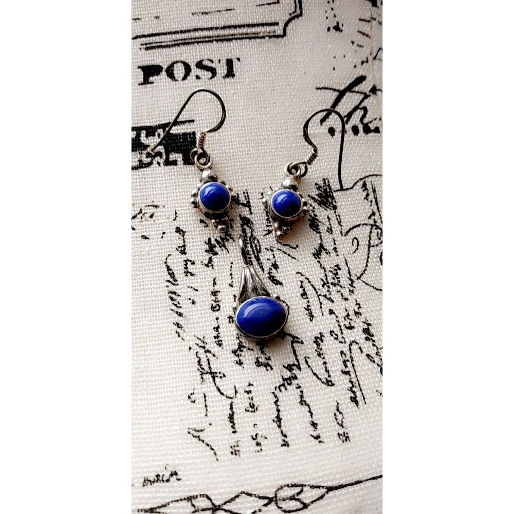 Vintage 925 Sterling Silver Lapis Lazuli Pendant and Earrings Jewelry Set Blue - Picture 2 of 10